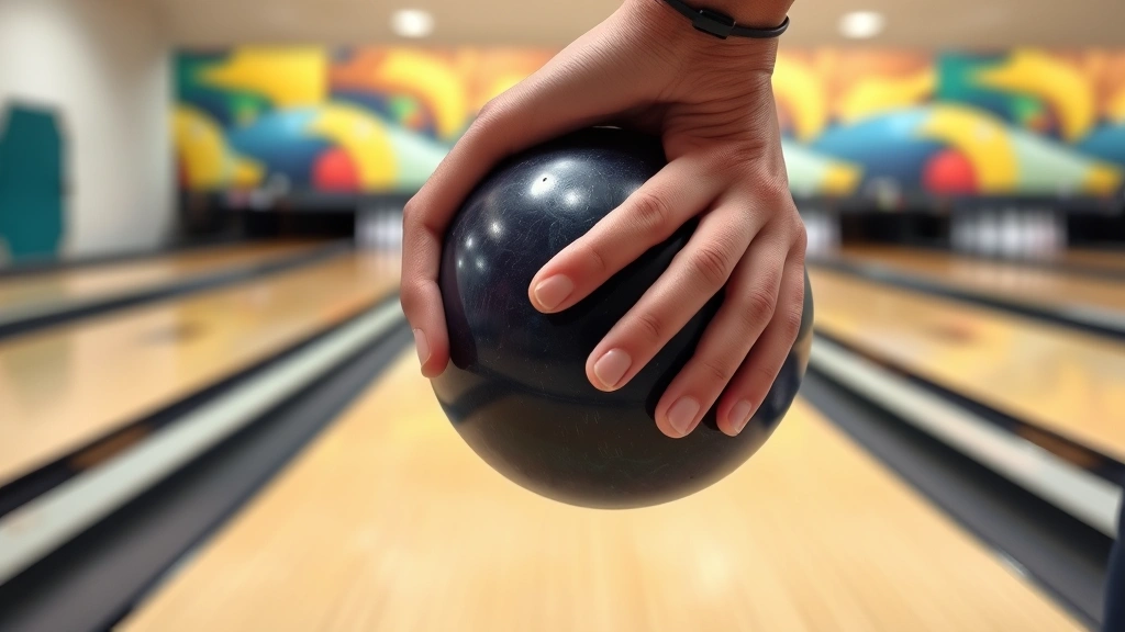 Close-up of bowler's hand and fingers exiting ball during release, showing proper finger position and follow-through technique, lane surface in background with arrow markings visible