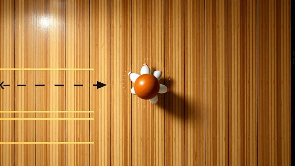 Overhead view of bowling lane showing oil patterns, track marks from previous throws, arrows and dots used for targeting, with ball in motion creating hook pattern toward pins