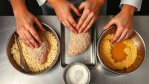 Professional chef demonstrating proper chicken breading technique with three-station setup, hands pressing breaded chicken into golden breadcrumbs, stainless steel bowls with flour and binding liquid, overhead perspective