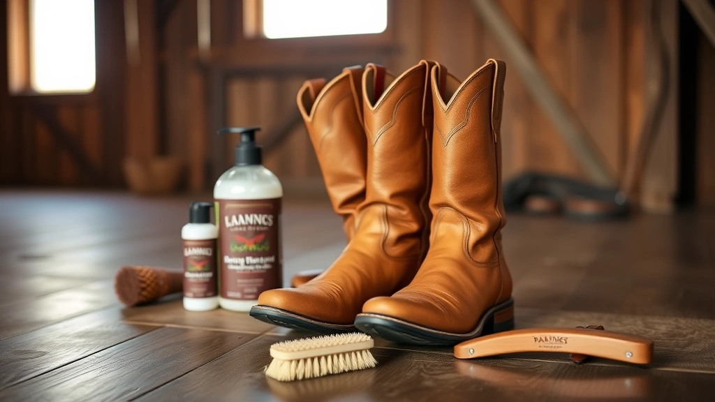 Pair of tan leather cowboy boots on wooden ranch floor with quality conditioning products and soft brush nearby, natural lighting from barn window, rustic setting