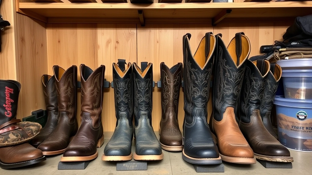 Western work boots positioned on boot trees in organized storage area, showing proper maintenance and shape preservation after break-in period