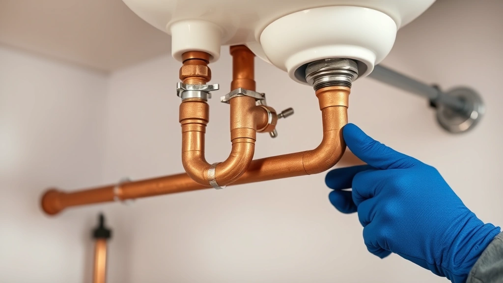 Professional plumber installing copper water supply pipes under a kitchen sink with proper fittings and support clips, hands wearing work gloves, bright workshop lighting