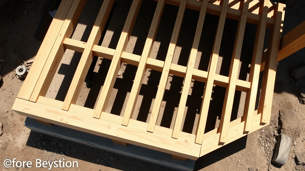 Overhead view of a pressure-treated deck frame with joists and rim boards installed on concrete footings, showing proper spacing and construction details, bright daylight