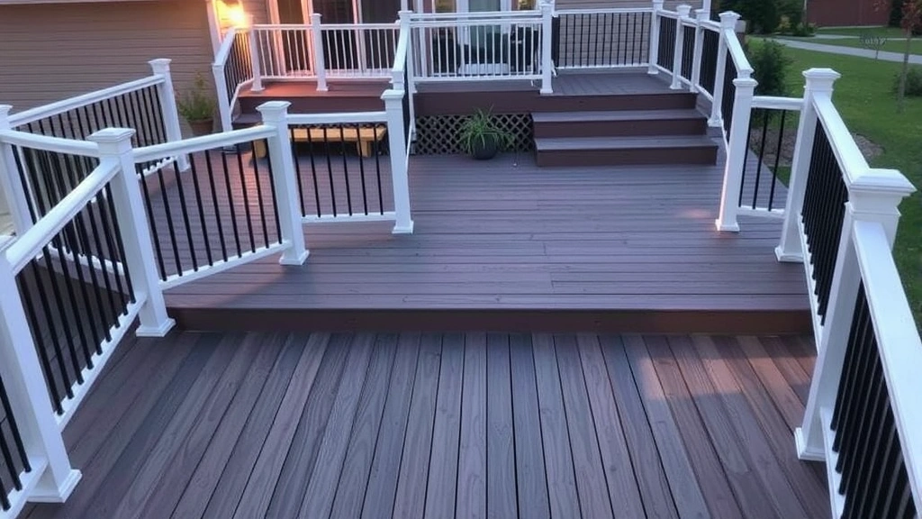 Finished composite deck with railings, multiple levels, and stairs, showing completed installation with proper spacing between boards and secure railing connections, sunset lighting