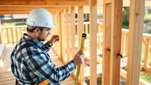 Professional construction worker using level and measuring tape on wooden deck framing with joists and beams visible, outdoor residential setting, afternoon sunlight