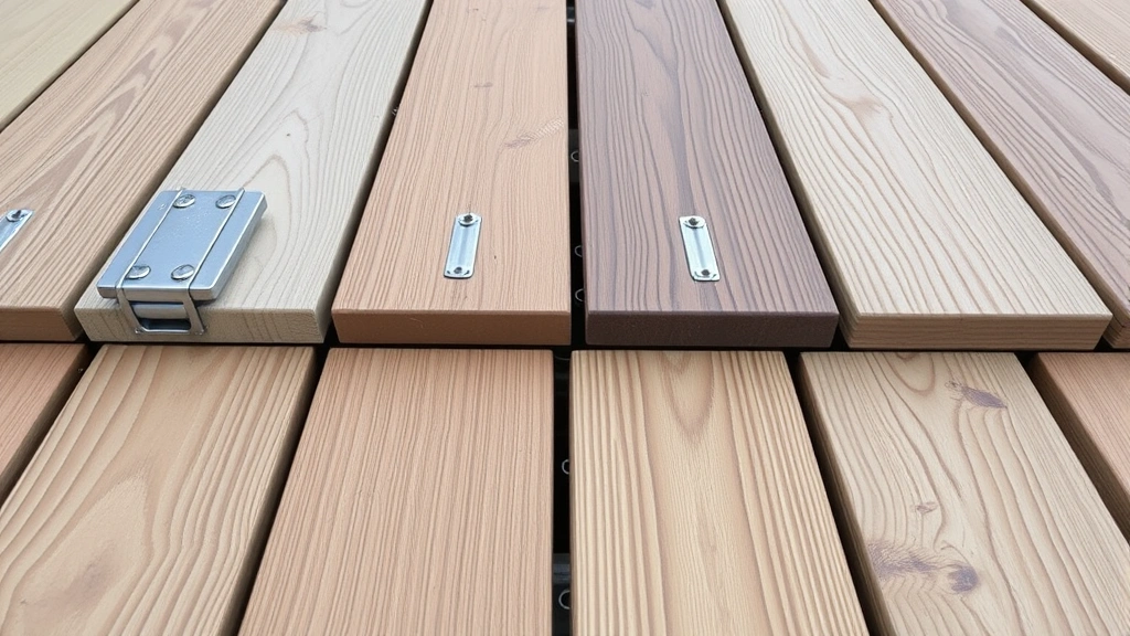 Close-up of properly installed composite and pressure-treated deck boards with consistent spacing gaps, metal joist hangers connecting to beams, fasteners flush with surface