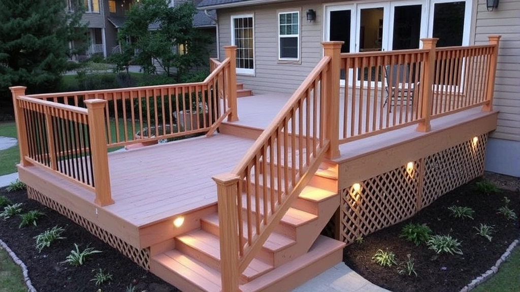 Completed residential deck with wooden railings and balusters, stairs with treads leading to ground level, landscape plants around perimeter, evening lighting