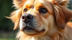 Close-up of a healthy Schmoochle dog's face showing alert expression and well-groomed coat, natural outdoor lighting, professional quality