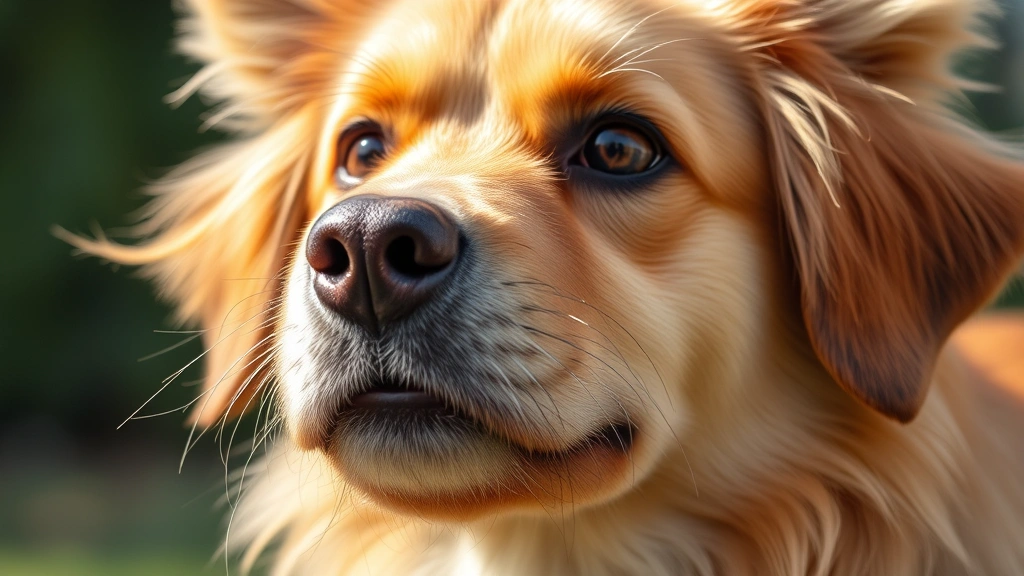 Close-up of a healthy Schmoochle dog's face showing alert expression and well-groomed coat, natural outdoor lighting, professional quality