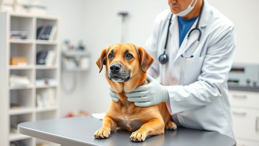 Veterinarian performing health examination on a medium-sized dog in modern clinic setting with stethoscope and examination table
