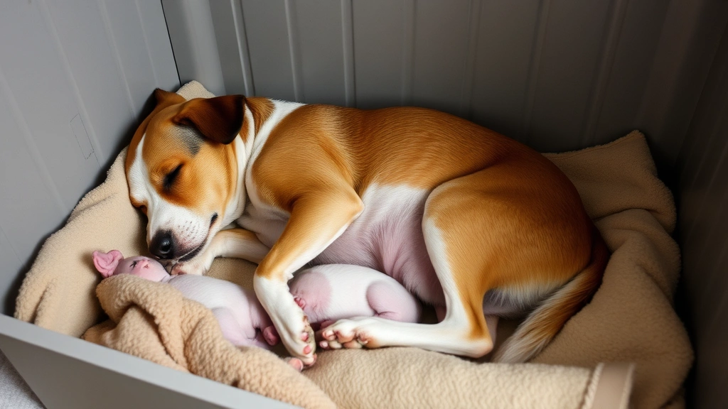 Pregnant female dog resting comfortably in a clean whelping box with blankets and proper heating, calm indoor environment