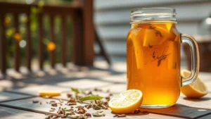 Clear glass mason jar filled with amber-colored sun tea steeping outdoors on a sunny patio, surrounded by scattered loose tea leaves and fresh lemon slices on wooden surface