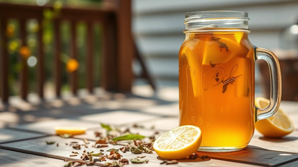 Clear glass mason jar filled with amber-colored sun tea steeping outdoors on a sunny patio, surrounded by scattered loose tea leaves and fresh lemon slices on wooden surface