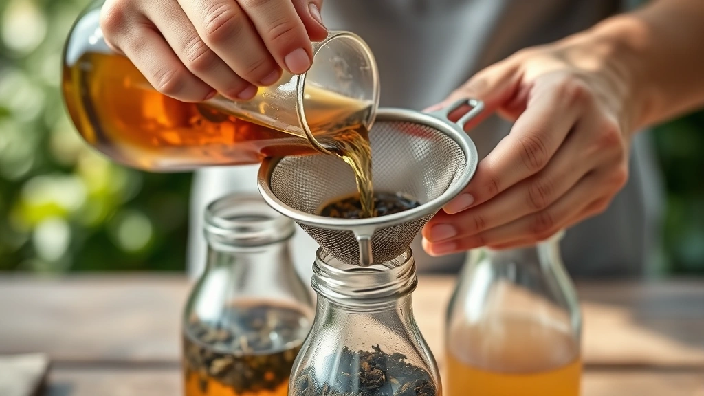 Close-up of hands pouring freshly brewed sun tea through fine mesh strainer into clean glass bottles, with tea leaves visible in strainer, natural daylight background