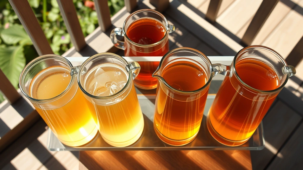 Overhead view of multiple glass containers with various sun tea infusions at different steeping stages, ranging from light to dark amber color, positioned on sunny deck with garden setting