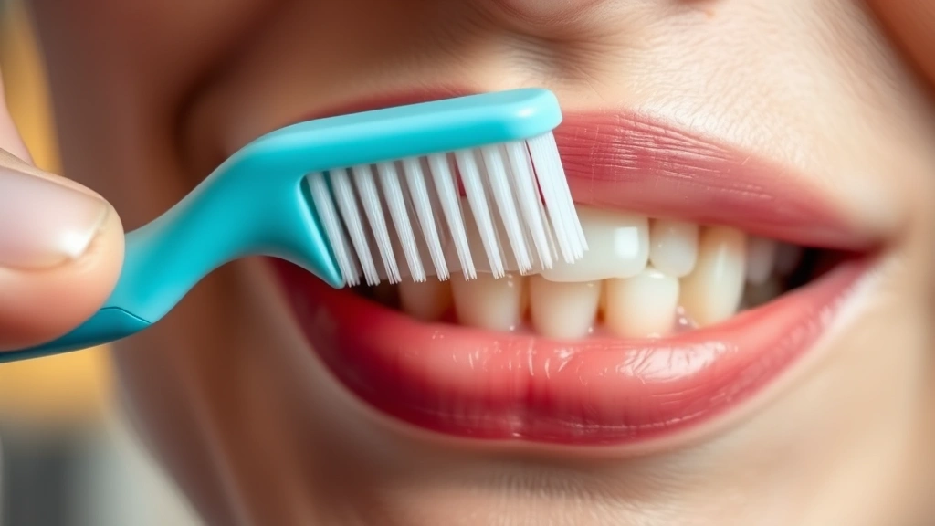 Close-up of a soft-bristled toothbrush held at 45-degree angle against gum line of healthy teeth, demonstrating proper gentle brushing technique near healing extraction site, professional dental setting with warm lighting