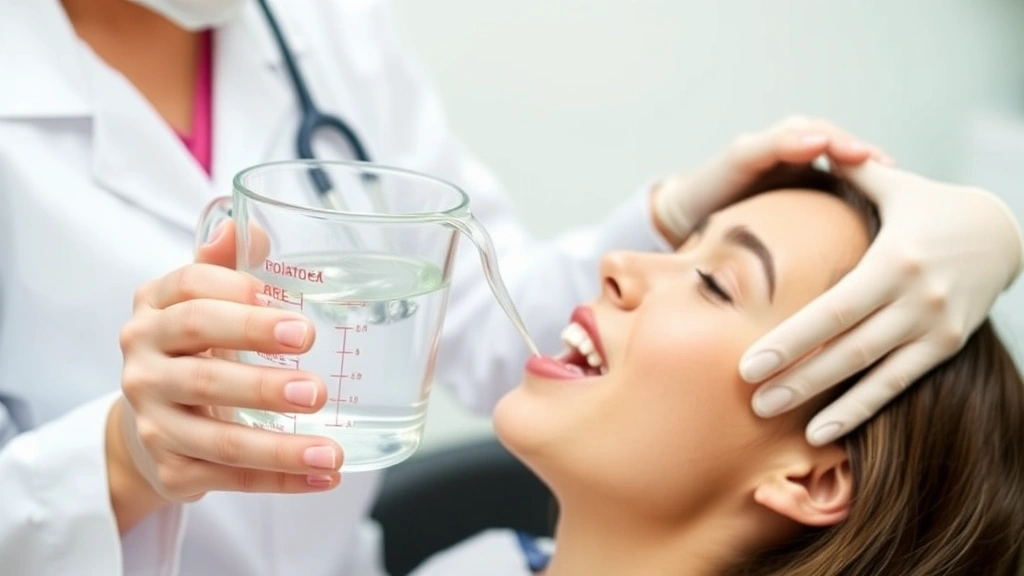 Dentist showing patient proper saltwater rinse technique using measuring cup with salt and warm water, patient gently tilting head to allow solution to flow without aggressive swishing, clinical environment