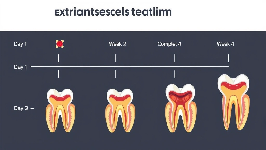 Progression timeline showing extraction socket healing stages from day 1 blood clot formation through week 4 complete healing, illustrated with cross-section anatomical views of jaw and tooth socket, professional medical illustration style
