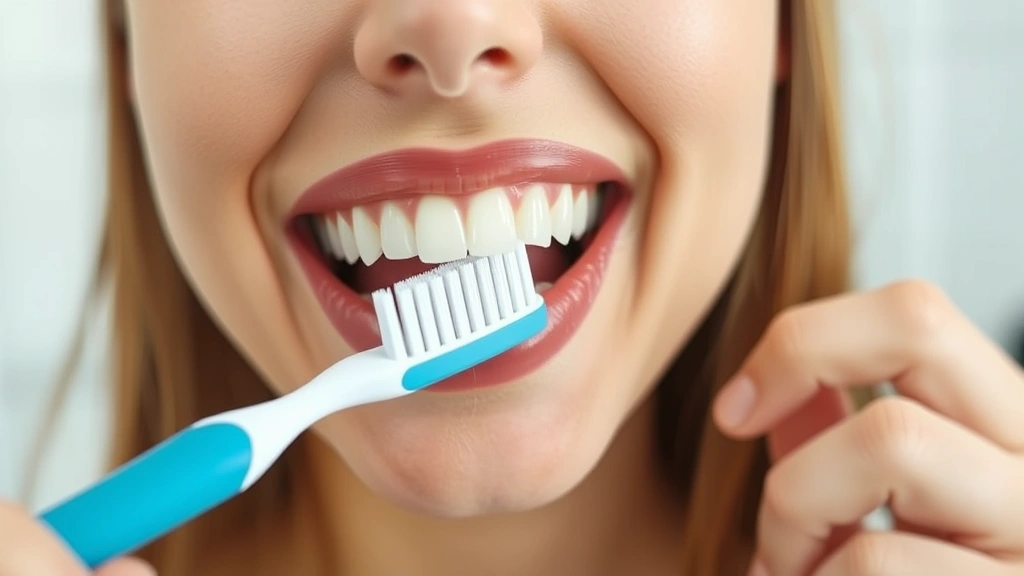 Close-up of a person gently brushing teeth with a soft-bristled toothbrush, showing proper 45-degree angle technique against gum line in a bathroom mirror setting