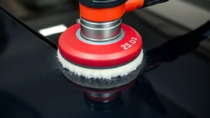 Close-up of a dual action polisher with red cutting pad positioned on a car's hood, showing proper 15-degree angle and buffer pad contact with dark automotive paint surface