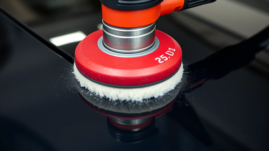 Close-up of a dual action polisher with red cutting pad positioned on a car's hood, showing proper 15-degree angle and buffer pad contact with dark automotive paint surface