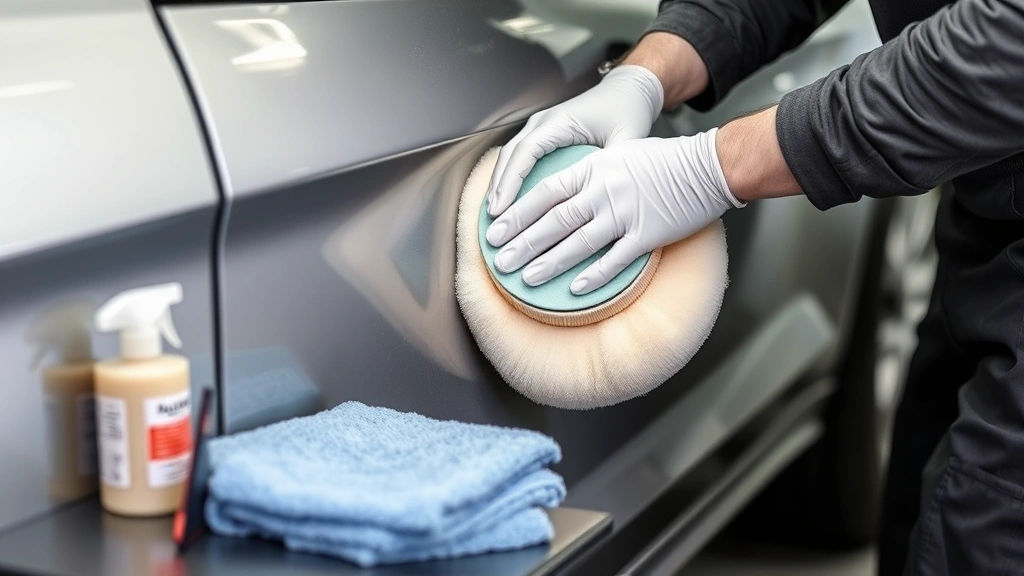 Professional detailer demonstrating correct hand pressure technique while buffing a vehicle panel, with microfiber towels and compound bottles visible on work table nearby