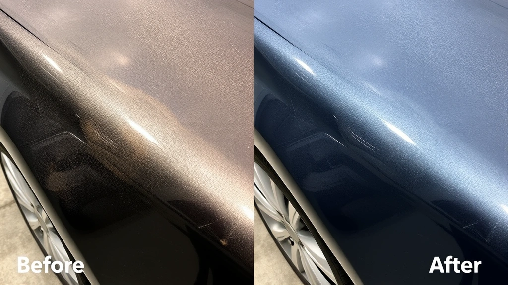 Before-and-after split image of car paint showing severe oxidation and swirl marks on left side, restored glossy clear coat on right side after buffing and polishing process