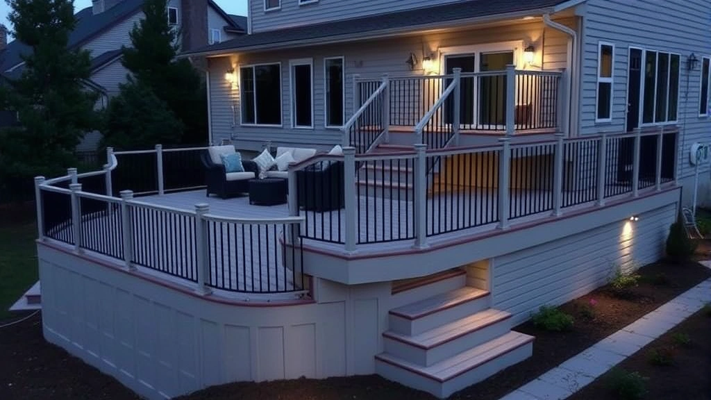 Completed multi-level residential deck with railings and stairs attached to house, composite decking surface, metal railing balusters, outdoor furniture arrangement, evening lighting, landscaping visible