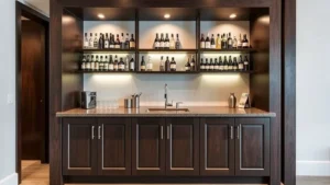Modern home bar counter with dark wood frame, stainless steel sink, and organized bottle shelving, professional lighting from above, clean construction detail showing frame structure