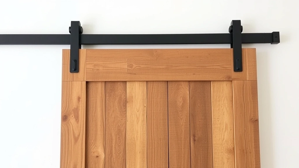 Rustic barn door made from reclaimed wood with vertical planks, mounted on black metal sliding track hardware, showing the roller mechanism at the top of the door frame against a white wall