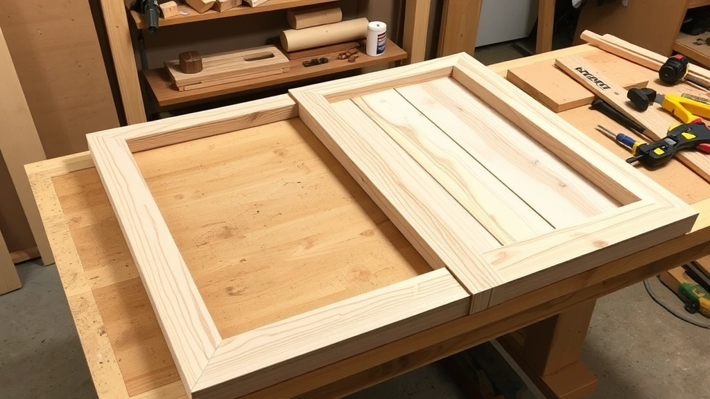 Wooden barn door assembly in progress on a workbench, showing frame components, pocket hole joinery, wood glue, clamps, and carpenter's tools during construction
