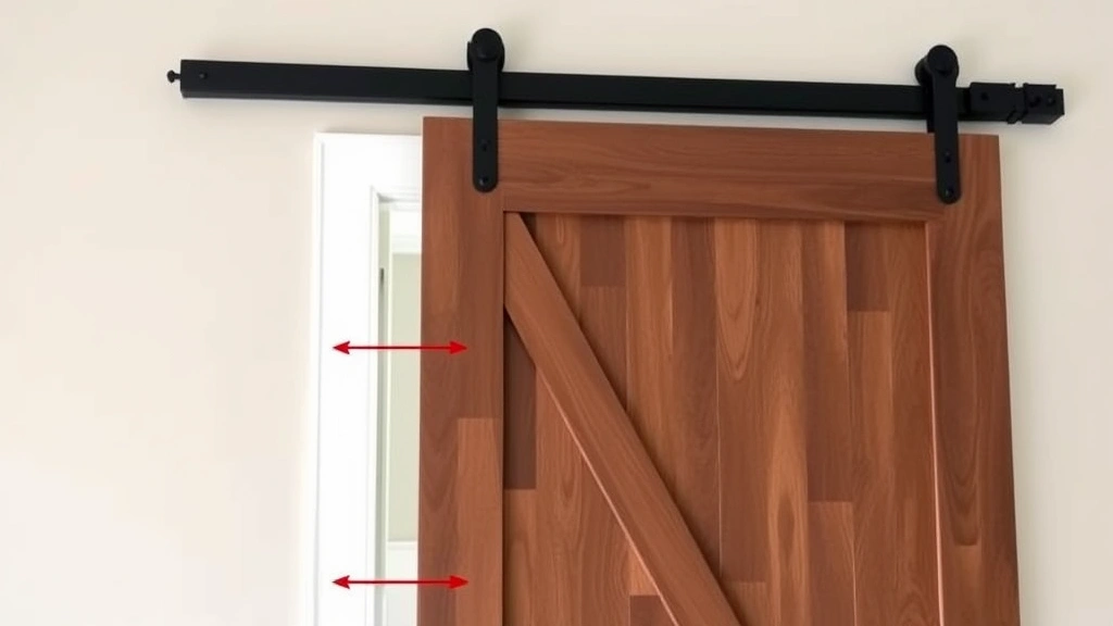Completed barn door installation with track system mounted on wall studs, showing smooth-rolling hardware, bottom guide system, and end stops with the door partially open revealing the track mechanism
