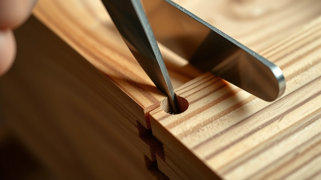 Close-up of dovetail joints being hand-cut with sharp chisels on hardwood drawer pieces, showing precise interlocking fingers and wood shavings, natural workshop lighting highlighting grain detail