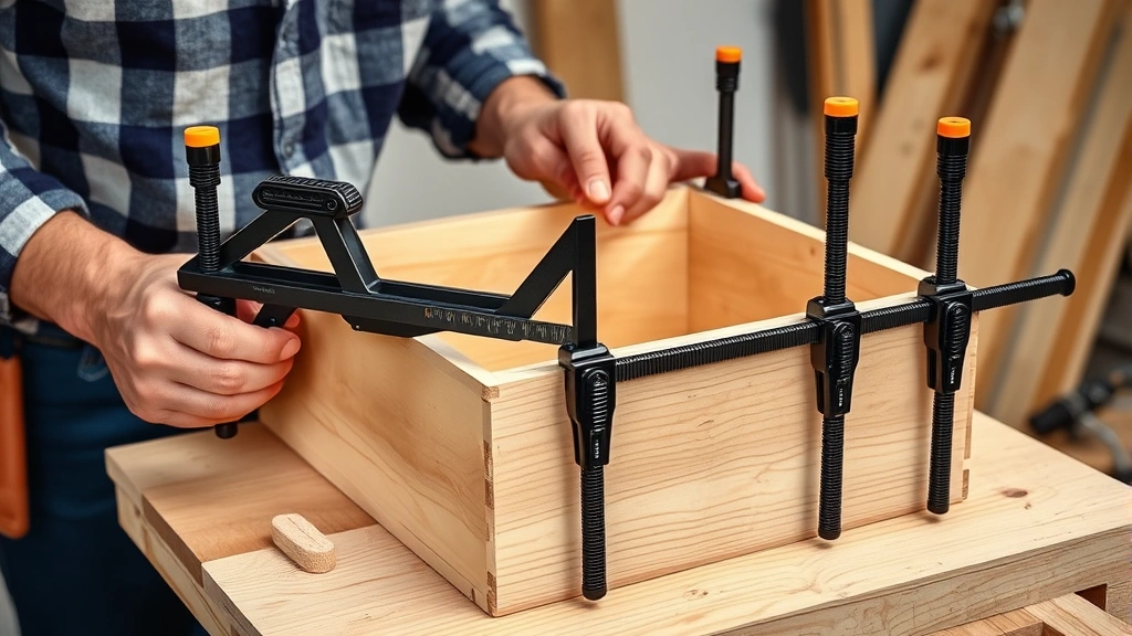 Professional carpenter assembling drawer box with multiple bar clamps, checking square with combination square tool, showing proper clamping technique and joint alignment during glue-up