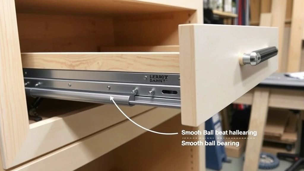 Installed drawer slides mounted in cabinet interior with soft-close mechanism visible, drawer partially extended showing smooth ball-bearing operation and hardware alignment in workshop setting