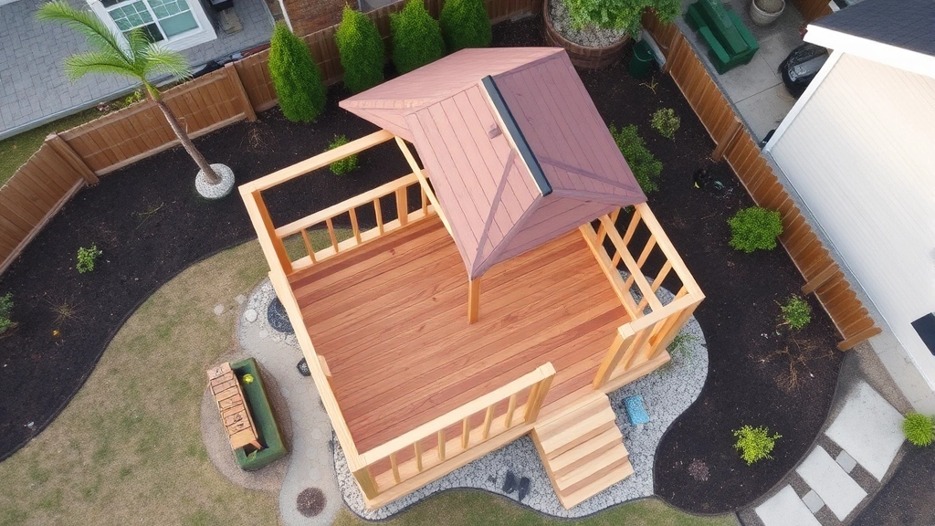 Aerial view of completed wooden fort structure with gabled roof, pressure-treated 4x4 posts, deck flooring, and surrounding landscaping in residential backyard setting