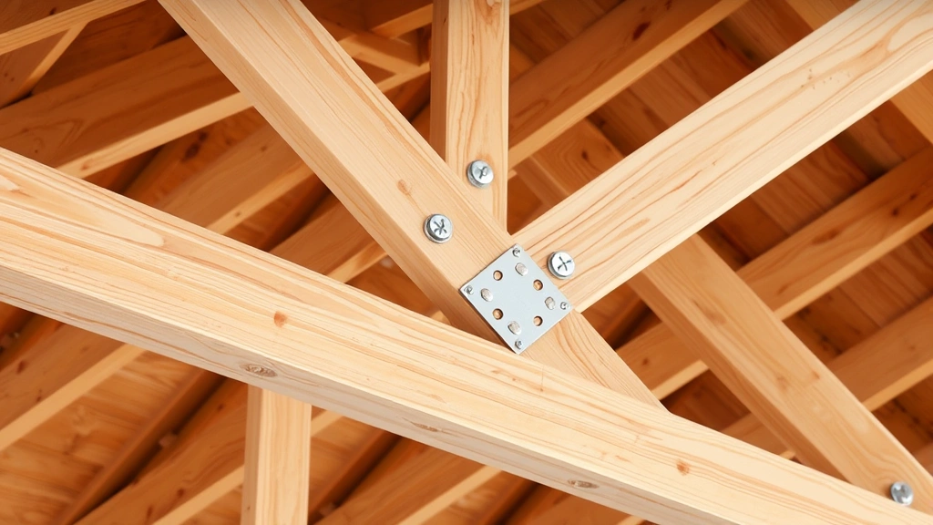 Close-up detail of wooden frame construction showing properly fastened 2x8 joists, metal hurricane ties, diagonal cross-bracing, and galvanized hardware connections