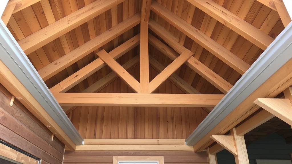 Interior view of fort showing finished wood cladding, exposed rafter structure, gutter system detail, soffit venting, and weatherproofing with house wrap installation