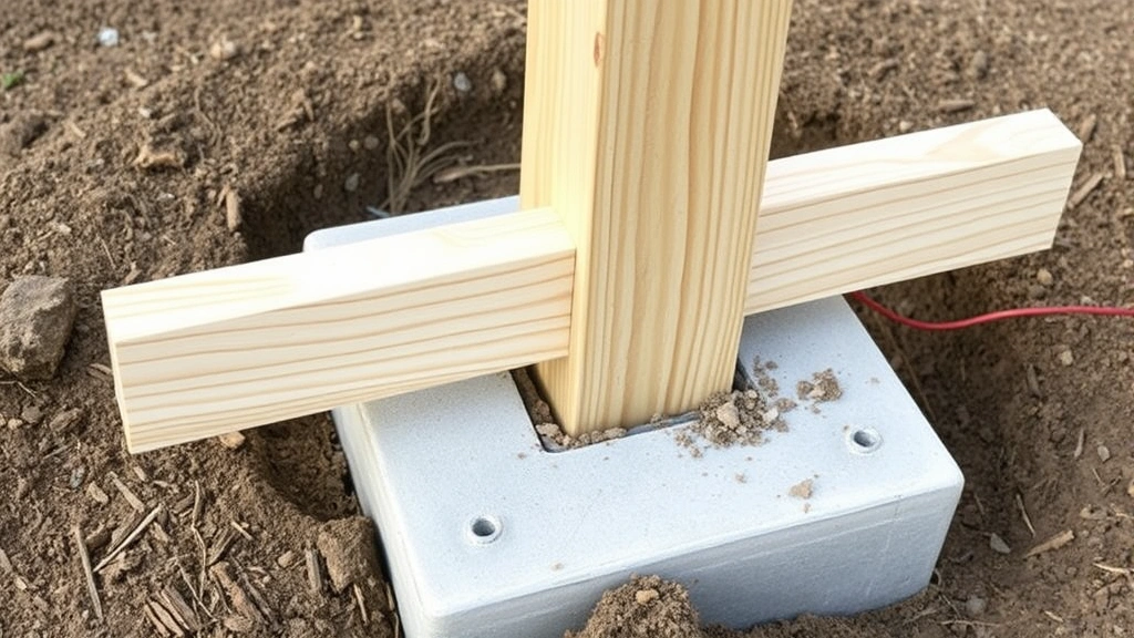 Close-up of pressure-treated wooden post being installed in concrete footing with temporary diagonal bracing, showing proper plumb alignment and concrete base