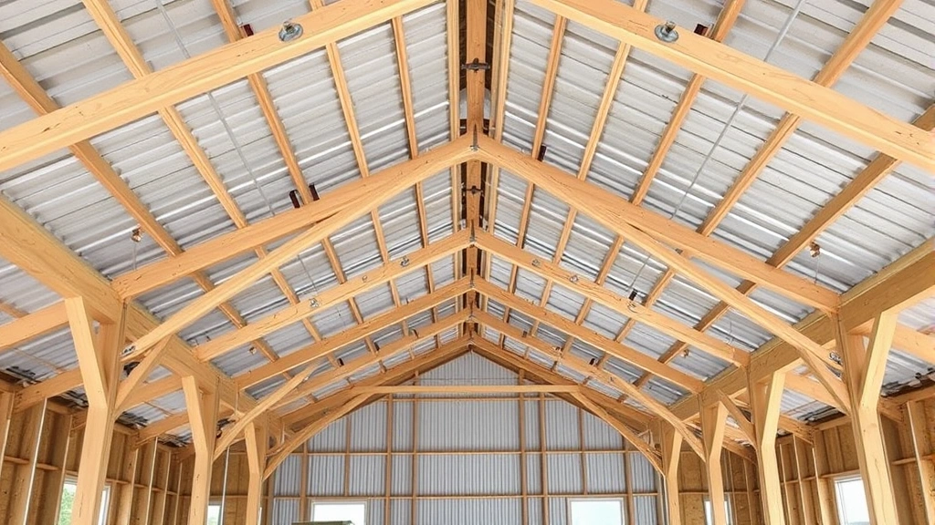 Interior view of pole barn during construction showing installed trusses, girts, and metal corrugated roof panels being fastened with gasketed fasteners and purlins