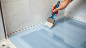 Close-up of hands applying liquid waterproofing membrane to cement backer board in shower base, showing smooth brush strokes and complete coverage on angled surface