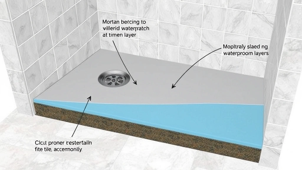 Cross-section view of properly sloped shower pan construction showing mortar bed, waterproofing membrane layers, drain assembly, and tile installation with proper grout lines