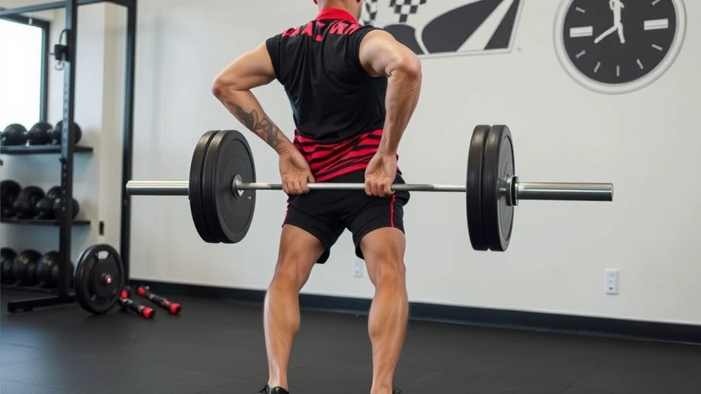 Athletic trainer demonstrating hip thrust exercise with loaded barbell across hips, showing full hip extension and glute contraction