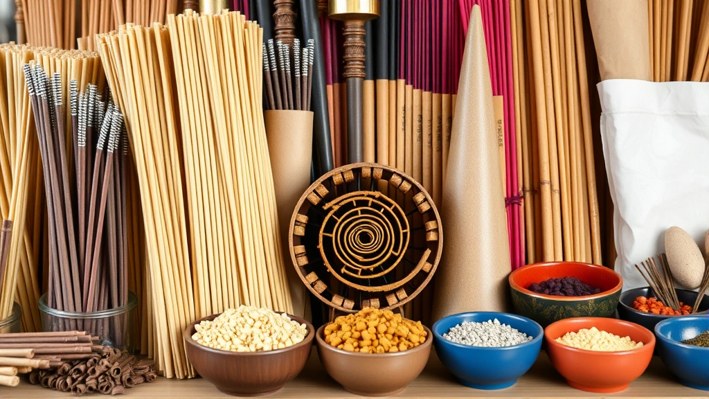 Organized collection of various incense types displayed together: stick incense bundles, cone incense, coil incense spiral, and loose incense materials in small bowls with different colored containers, bright natural lighting