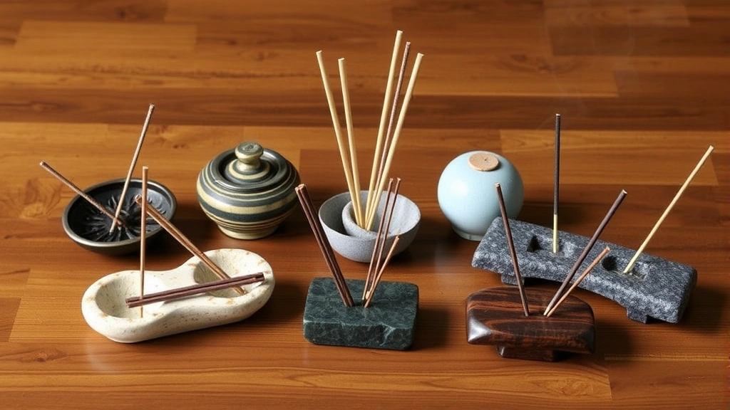 Multiple decorative incense holders in different materials and styles (ceramic, metal, stone) arranged on a wooden surface with burning incense sticks, demonstrating variety of holder designs and proper positioning