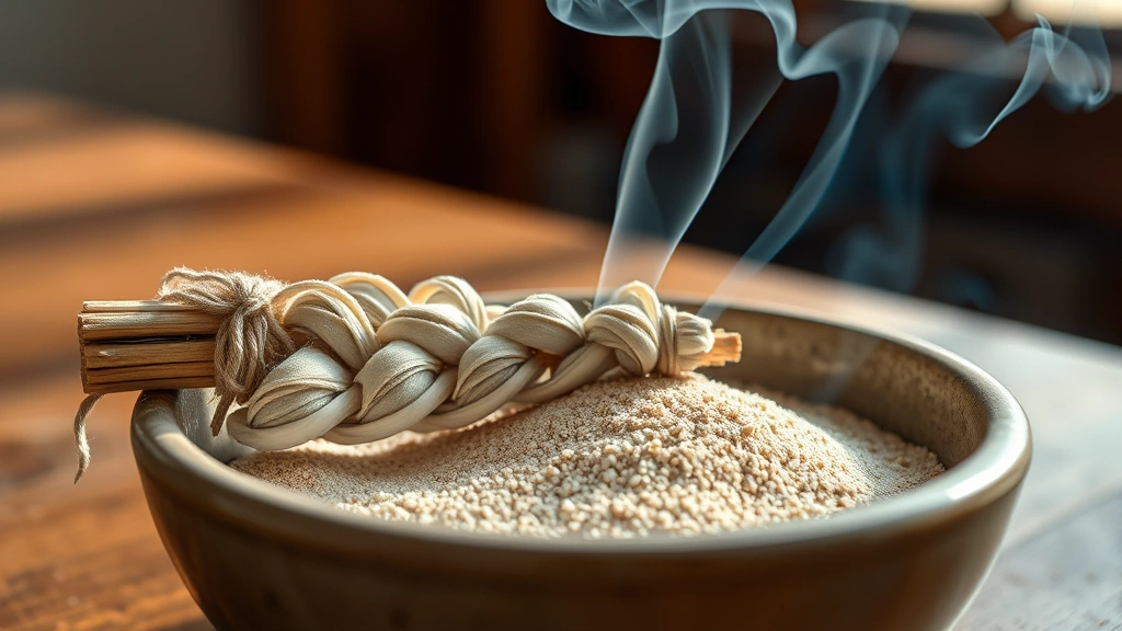 Close-up of white sage bundle smoldering in ceramic bowl filled with sand, soft blue smoke wisping upward, warm natural lighting from window, wooden table surface