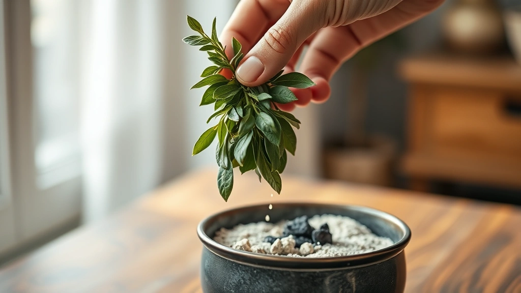 Hand safely holding sage bundle at angle over heat-resistant container, ash falling gently, fireproof bowl with sand, soft focus background of home interior