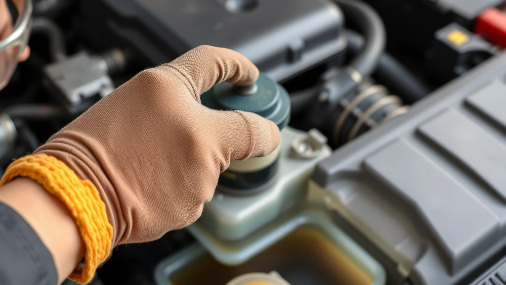 Close-up of mechanic's hands opening a radiator cap on a vehicle engine bay, wearing safety glasses and work gloves, with a coolant catch pan visible below