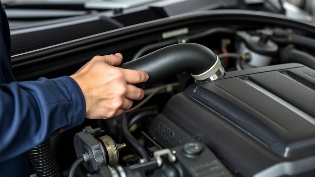 Professional technician squeezing the upper radiator hose while engine idles, demonstrating the technique for dislodging air pockets during cooling system burping
