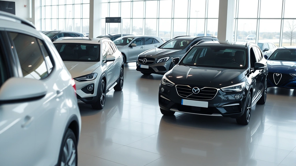 Car dealership showroom interior showing vehicles on display with natural lighting through large windows, clean modern dealership floor with no people visible